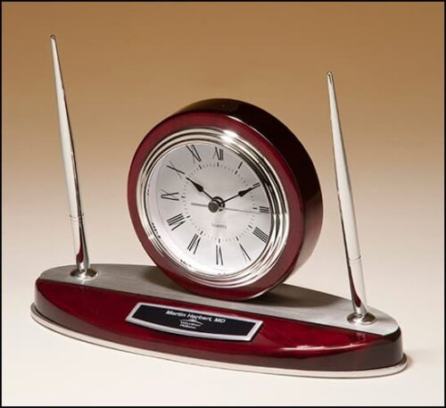 Rosewood Piano Finish Desk Clock and Pen Set with Silver Aluminum Accents