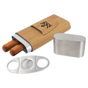 Bamboo Laserable Leatherette Cigar Case with Cutter TPS-GFT1008