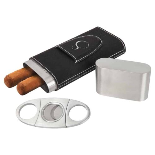 Black and Silver Laserable Leatherette Cigar Case with Cutter TPS-GFT1005