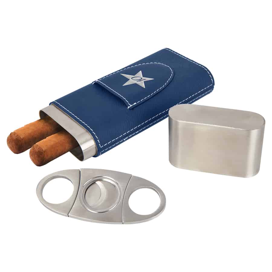 Blue and Silver Laserable Leatherette Cigar Case with Cutter TPS-GFT1007