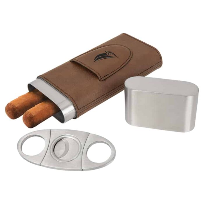 Dark Brown Laserable Leatherette Cigar Case with Cutter TPS-GFT1002