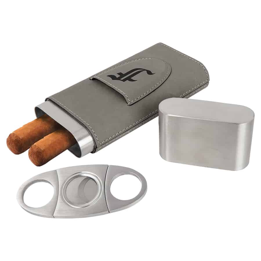 Gray Laserable Leatherette Cigar Case with Cutter TPS-GFT1004