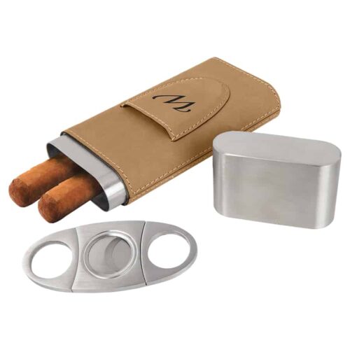 Light Brown Laserable Leatherette Cigar Case with Cutter TPS-CIGAR1001