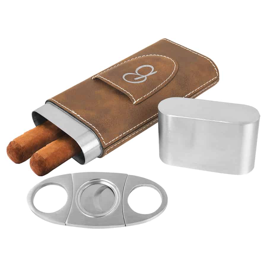 Rustic Silver Laserable Leatherette Cigar Case with Cutter TPS-GFT1006