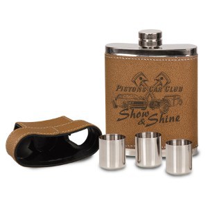 Leather Flask with Lid & 3 Shot Glasses